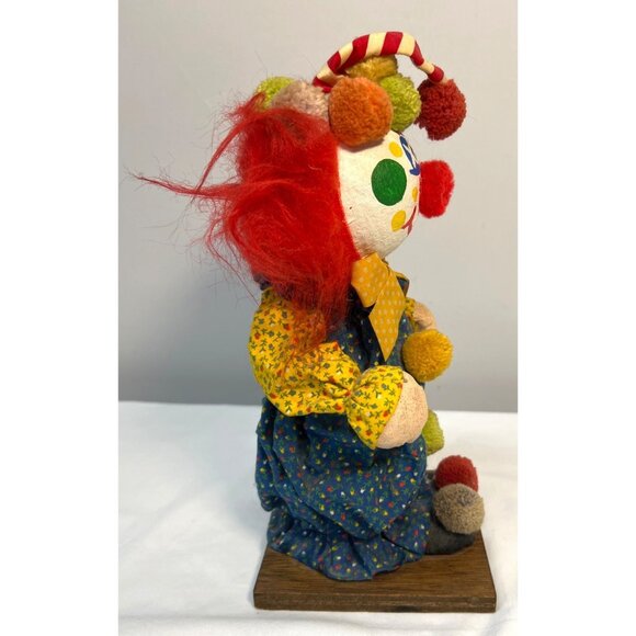 Vintage Paper Mache Face 11” Boy Clown With Red Hair Pom Pom On Wood Stand - Picture 4 of 5